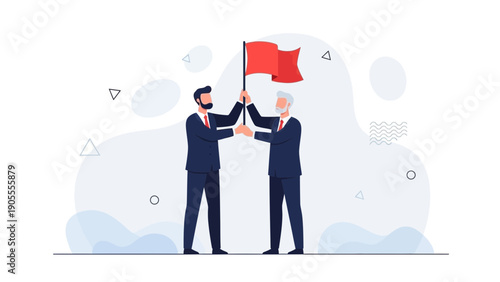 Businessmen passing red flag, leadership transfer, success, teamwork, modern illustration