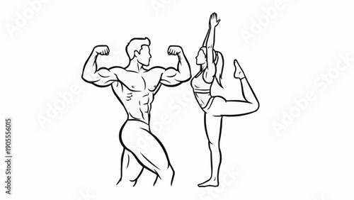 Man flexing muscles and woman in yoga pose line art.