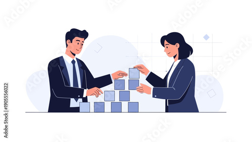 Business team building strategy with blocks, teamwork and collaboration concept