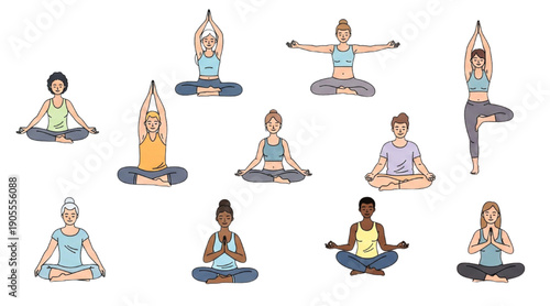 Diverse People Yoga Poses Vector Set Inclusive Multiethnic Meditation Wellness Icons
