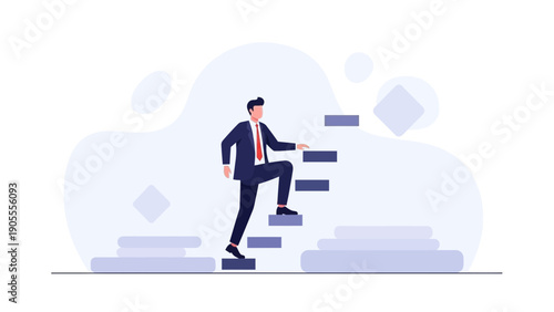 Businessman climbing stairs, career growth, success, motivation, flat design