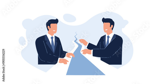 Business Partnership Conflict: Two businessmen facing a crack in their agreement.