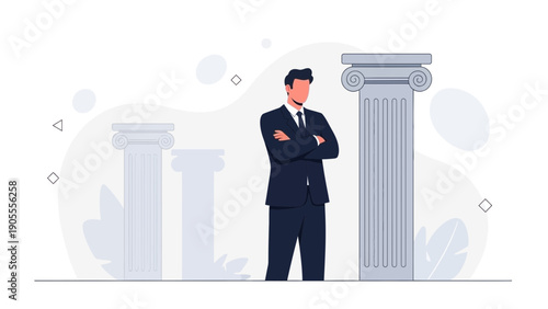 Businessman Standing Confidently Between Ancient Pillars, Symbolizing Success and Strength