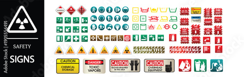 Collection of warning and safety signs for industrial use