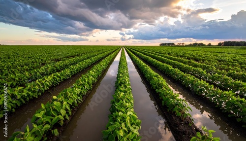 Rows of young crops submerged in water under a dramatic sky