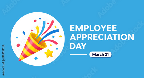 Employee Appreciation Day celebration with colorful party horn and confetti on blue background