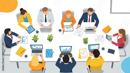 Business professionals having a collaborative strategy meeting around a large table in a modern corporate office setting.