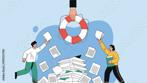 Corporate rescue concept with a hand offering a lifebuoy to office workers struggling under a large pile of paperwork.