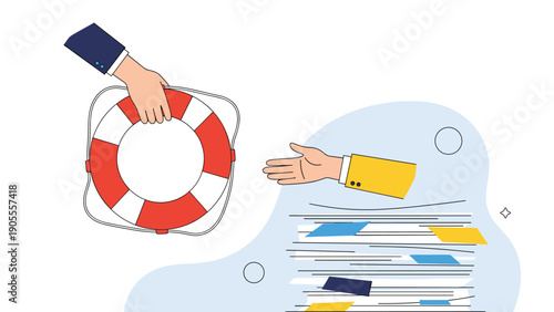 Business help and rescue concept showing a hand giving a lifebuoy to another person overwhelmed by too much paperwork.