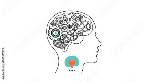Human head profile silhouette with an internal brain of mechanical gears and a lightbulb for creative thinking and ideas.