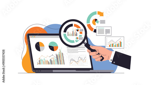 Business data analysis showing a hand with a magnifying glass inspecting financial charts and graphs on a laptop screen.