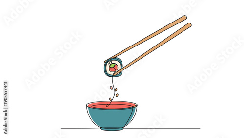 Fresh sushi roll held by wooden chopsticks being dipped into a bowl of soy sauce in a minimalist line art drawing style.