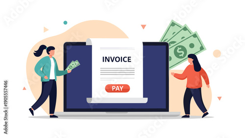 Online payment concept with two people processing an electronic invoice on a laptop screen with floating cash icons.