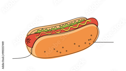 Delicious grilled hot dog with mustard and green lettuce in a bun illustrated in a simple continuous line art style.