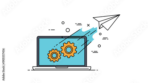 Innovation and technology concept with gear symbols on a laptop screen and a paper plane taking flight representing new ideas and digital launches.