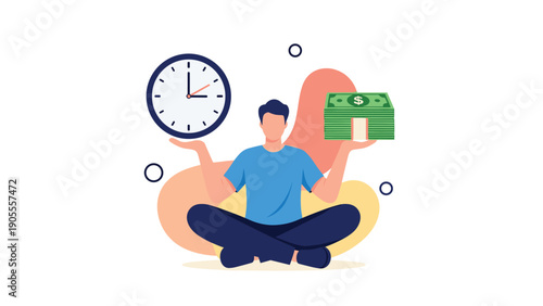 Work life balance concept featuring a person in a calm pose balancing time and wealth represented by a clock and a stack of paper currency.