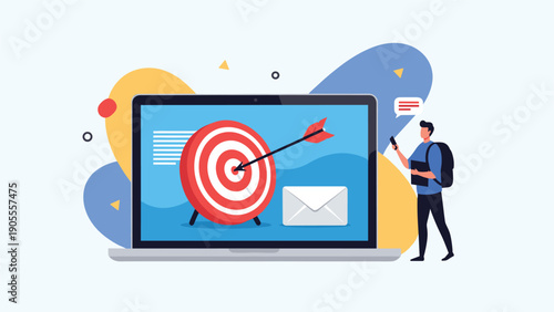 Marketing strategy illustration featuring a laptop screen with a bullseye target, email icon, and a person using a mobile device for digital success.