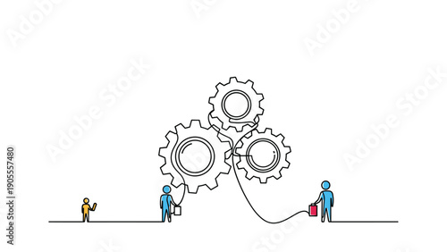 Teamwork and collaboration concept featuring three individuals working together to operate large mechanical gears representing business synergy and effort.