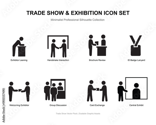 Trade show and exhibition silhouette icon set