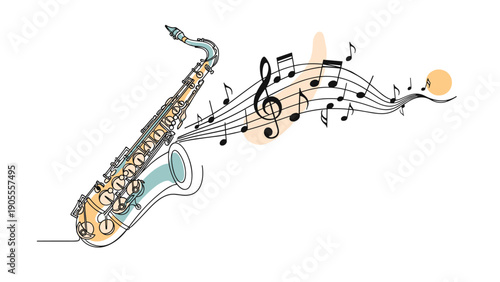 Musical jazz instrument illustration featuring a detailed saxophone with elegant musical notes flowing out in a rhythmic and artistic wavy pattern.
