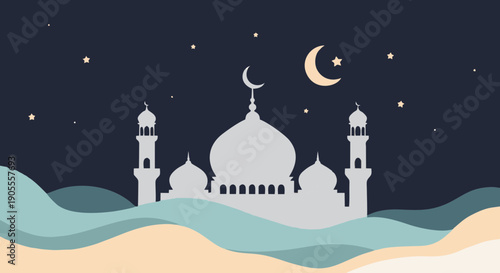 beautiful mosque silhouette under starry night sky with crescent moon for ramadan kareem