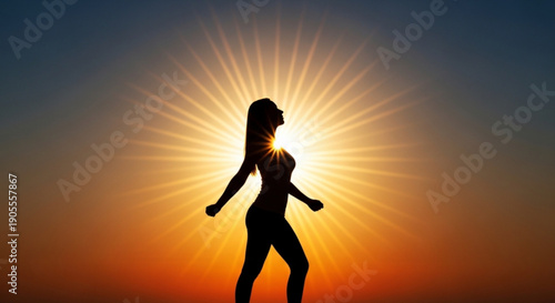 Woman Running Silhouetted against Vibrant Sunset with Radiant Sunburst