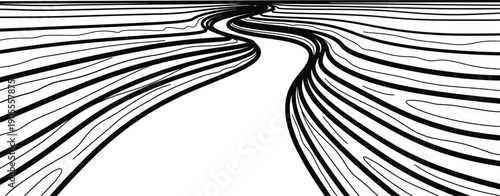 Abstract black and white illustration of flowing wavy lines forming a pathway