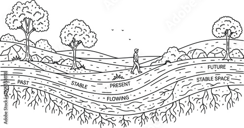 Man walking on path through layers of time in landscape illustration