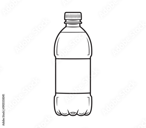 Plastic bottle vector outline drawing, soda drink packaging icon, disposable beverage container black illustration