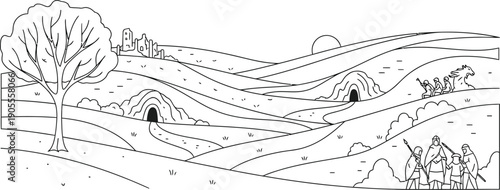 Soldiers marching through rolling hills with ancient dwellings and a distant cityscape