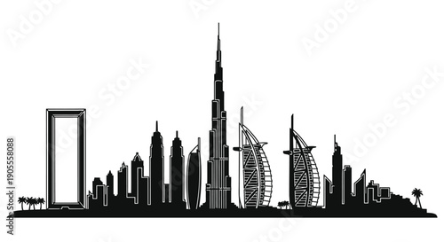 A striking black skyline depicts dubai s iconic architecture in a minimalist silhouette high quality professional detailed modern elegant stylish clean crisp vibrant