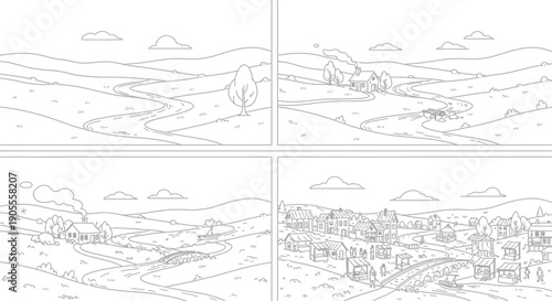 Village development stages from empty landscape to thriving community illustrated in four steps