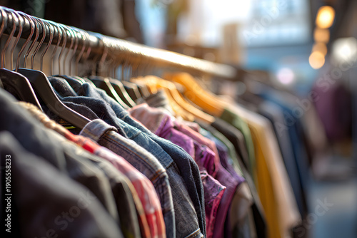 Assorted second hand clothing hanging on rack in store, various garments displayed closely together, blurred background showing additional racks with pre owned clothes visible