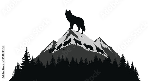 A majestic pack of wolves stands atop a mountain peak overlooking a forest landscape silhouette high quality professional detailed modern elegant stylish