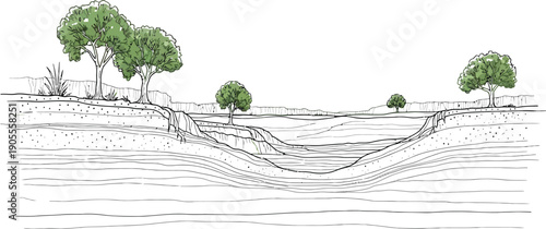 Detailed geological illustration showing water table and soil layers with trees