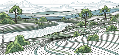 Serene landscape with rolling hills and trees in a stylized illustration style