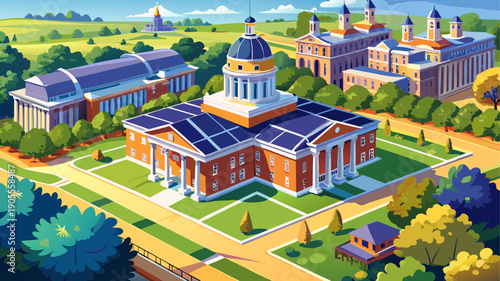 Very beautiful aerial view of Jesse Hall at the University of Missouri, highlighting its central dome, surrounding campus greenery, and prominent role as an academic landmark.
