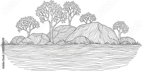 Serene landscape featuring trees and hills by the water in black white