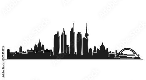 A striking black skyline depicts a modern city utilizing a bold contrasting silhouette high quality professional detailed elegant stylish clean crisp vibrant