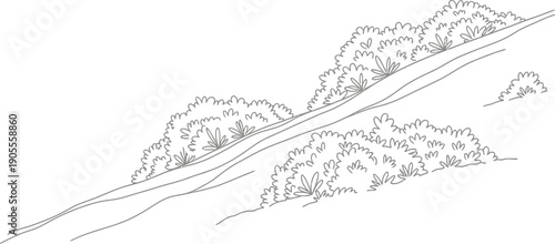 Simple black and white illustration of hills and trees on a plain background