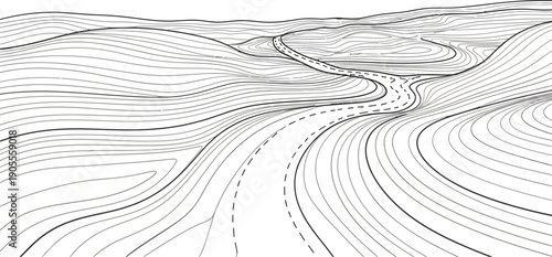 Stylized topographic map illustration depicting rolling hills and a winding road path