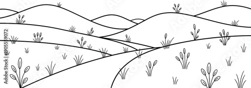 Simple minimalist illustration of rolling hills with grass and plants outdoors