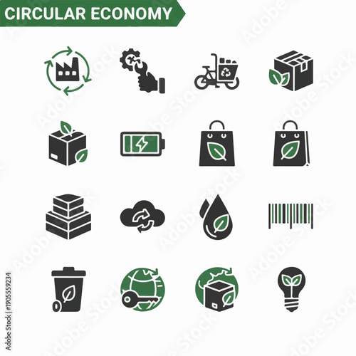 Circular economy icons illustrating environmental sustainability and recycling. The icons show various concepts related to a circular economy