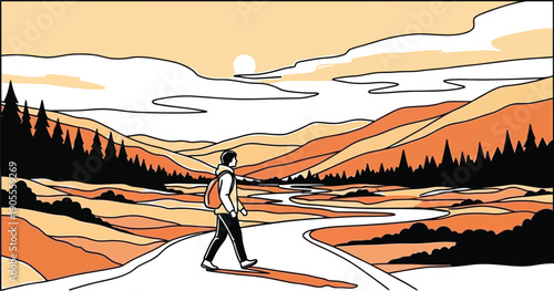 Man with backpack walking along a winding road in a serene landscape