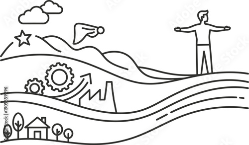 Person standing on hill with arms outstretched towards sky and landscape