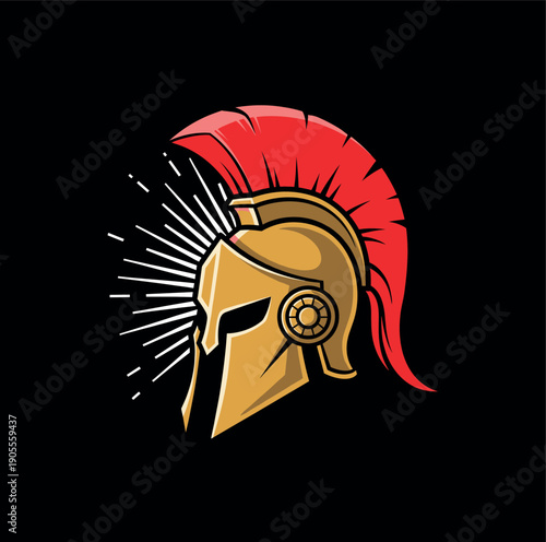 Golden ancient Greek Spartan helmet with red plume crest and sunburst light rays for warrior mascot sports branding and historical military design.