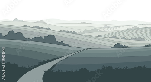 Serene landscape illustration featuring rolling hills and a winding pathway