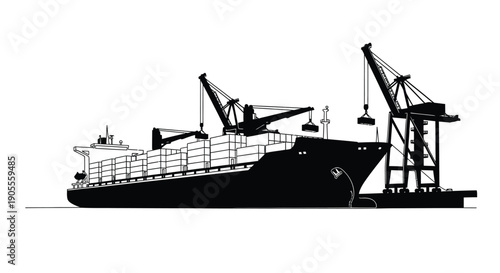 A stark black silhouette of a container ship docked alongside industrial cranes at a port silhouette high quality professional detailed modern elegant
