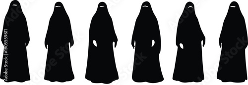 Muslim women in abaya and niqab silhouettes standing in different poses, traditional Islamic modest fashion isolated on white background