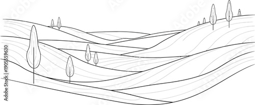 Simple black and white landscape illustration with rolling hills and trees